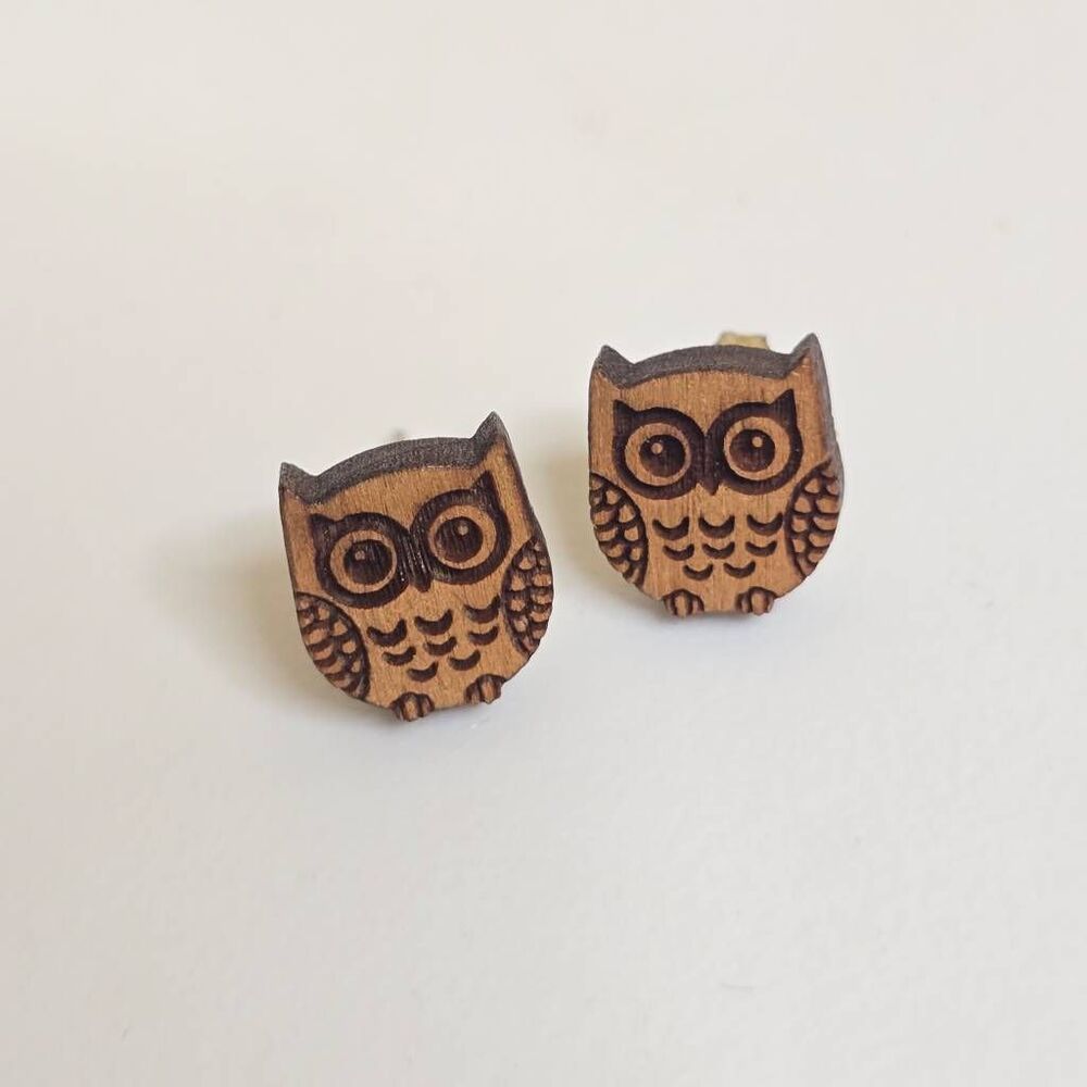 Laser Cut Engraved Wooden Owl Stud Earrings